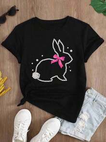 Women's Casual Summer T-Shirt With A Round Neck, Fitted Silhouette, And Short Sleeves, Featuring An Oil Painting Print With Floral, Heart, Cherry, And Lettering Designs. Simple, Casual Fabric With A Sporty Style, Perfect For Everyday Wear And A Valentine's Day Date. - YH1782 - 黑色 - 查看 2