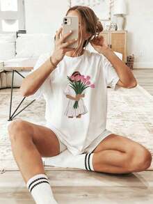 PremiumFashion Wo Y2K Minimalist Style White Short Sleeve T-Shirt - Round Neck Top With Pink Tulip Print, Soft And Suitable For Everyday Wear, Spring And Summer Outfits, And Comfortable Loungewear. New Women's Summer T-Shirt, Casual And Comfortable With Round Neck. Gift Idea. - 白色 - 查看 7