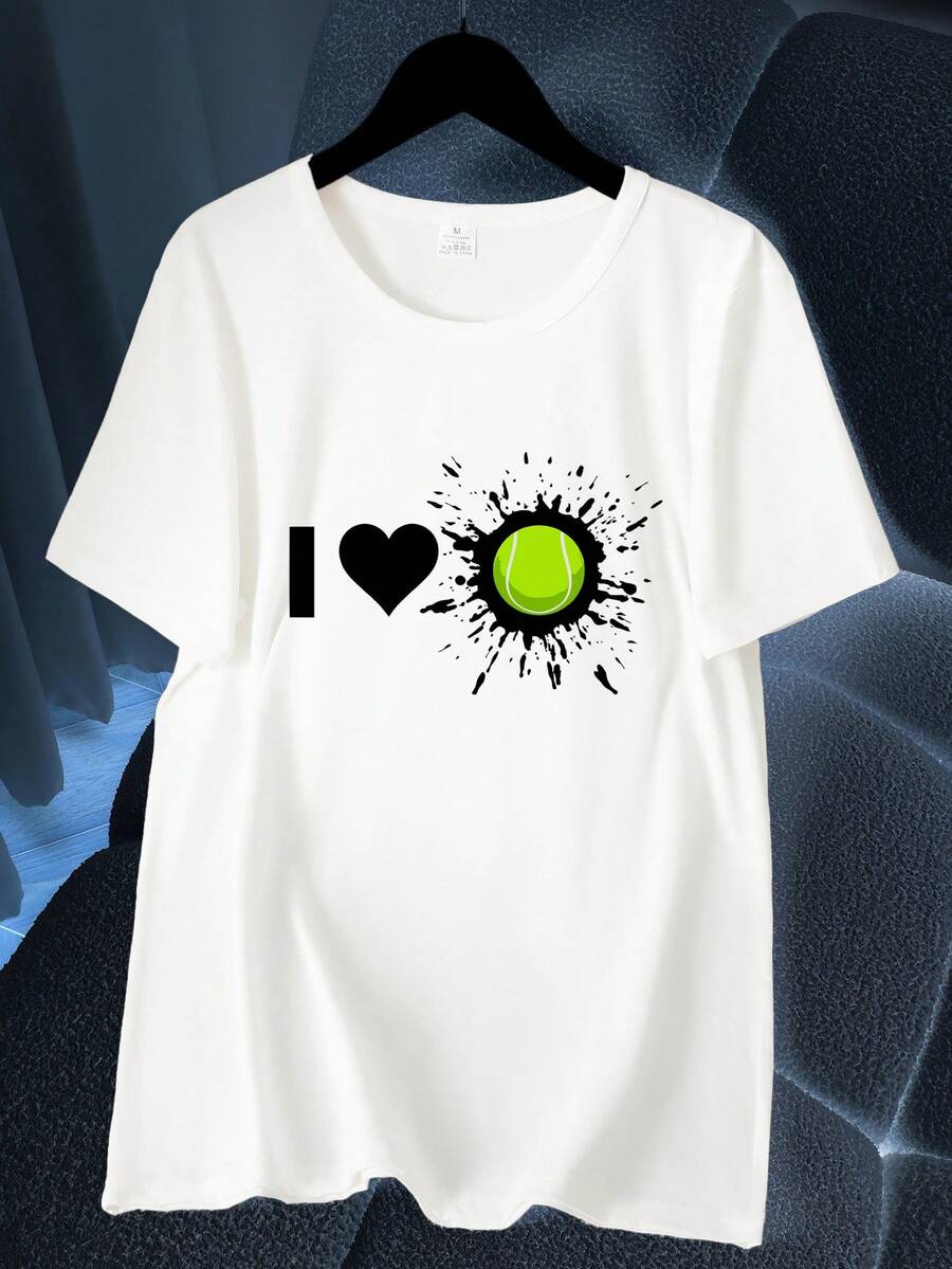I Love Tennis. Sporty Print T-Shirt. Short Sleeve, Round Neck, High-Elasticity Casual Sports Top. Available In The Machine. Spring And Summer. Women's Clothing. Elegant Party Outfit, T-Shirt For Elegant Ladies, Blouses Suitable For Curvy Women, Casual Wear, Cool And Sweat-Free Summer Clothing, Fun Letter Print. - 白色 - 查看 1