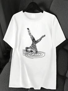 Street Dance Line Art Print T-Shirt. Available In 6 Colors, Short Sleeves, Crew Neck, High-Stretch Casual Sports Top. Machine Washable. Basic T-Shirt For Spring And Summer. Suitable For All Seasons. Women's Clothing. Elegant Party Outfit, T-Shirt For Stylish Ladies, Blouses Suitable For Curvy Women, Casual Wear, Cool And Breathable Summer Wear, Fun Letter Print. - 白色 - 查看 6