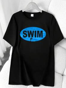 Swim-Print T-Shirt. Available In 6 Colors, Short Sleeves, Round Neck, High-Stretch Casual Sports Top. Machine Washable. Suitable For Spring And Summer. Can Be Worn In All Seasons. Women's Clothing. Elegant Party Outfit, T-Shirt For Elegant Ladies, Blouses Suitable For Curvy Women, Casual Wear, Cool And Sweat-Free Summer Wear, Fun Letter Print. - 黑色 - 查看 1