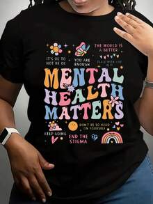 Women's Short-Sleeved T-Shirt With "Mental Health Is Important, You Are Good Enough" Print, Black Casual Round Neck T-Shirt, Elastic, Machine Washable, Suitable For Sports And Leisure In Spring/Summer/Autumn. - 黑色 - 查看 1