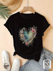 Women's Short-Sleeve T-Shirt With A Blue And Green Gradient Floral Heart Print, Casual Crew Neck Top, Breathable For Summer Travel, Dates, And Evening Wear, Machine Washable, Comfortable For Everyday Wear,  Print T-Shirt, Loose Fit. 6JXP - 黑色 - 查看 1