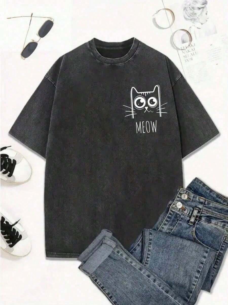 Women's & Men's Women's & Men's Women's & Men's Fun Cat-Themed Print, Washed, High-Quality Vintage Batik Fashion Brand, Popular For Everyday Wear, Perfect Gift For Holidays, Christmas And Thanksgiving. - 黑色 - 查看 1