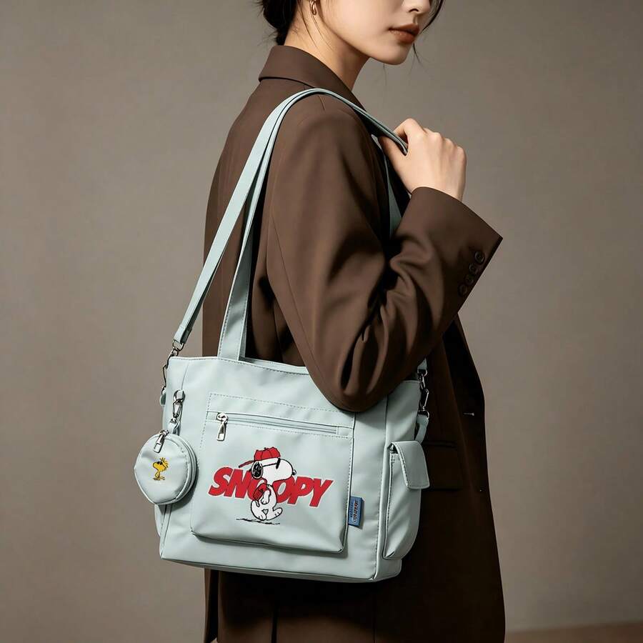 Miniso Peanuts Snoopy Baseball "SNOOPY" Muster mintgrüne Casual Mehrzweck Shopper Tasche Großer Kapazität 2-teiliges Set mit abnehmbarem Münzbeutel, Mehrwegetragen, ideal für Arbeit, Reisen, Einkaufen und den täglichen Gebrauch - Minzgrün - Übersicht 1