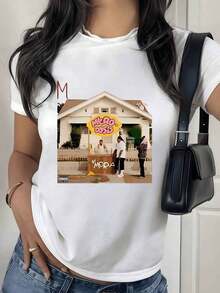 2026 New Cotton Shirt 100% Cotton Home Scene With People Sharing Joyful Moments In Front Of The Porch Showing Joy And Positive Energy Women's T-Shirt 100% Cotton Comfortable And Modern For Everyday Wear Women's Simple Solid Color Shirt, Loose And Casual Short Sleeve - 白色的 - 查看 1
