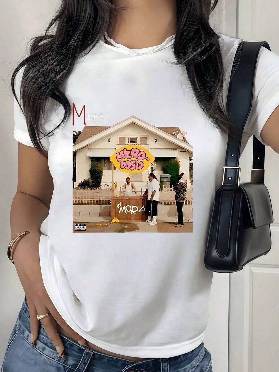 2026 New Cotton Shirt 100% Cotton Home Scene With People Sharing Joyful Moments In Front Of The Porch Showing Joy And Positive Energy Women's T-Shirt 100% Cotton Comfortable And Modern For Everyday Wear Women's Simple Solid Color Shirt, Loose And Casual Short Sleeve - 白色的 - 查看 1