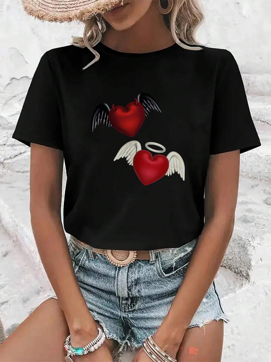 Women's T-Shirts With A Fun Angel And Devil Heart Design - Casual Round Neck, Short Sleeves, Breathable Top For Spring And Summer, Stylish, Relaxed, Soft, Lightweight And Comfortable, Suitable For Daily Wear And Outdoor Activities. - 黑色 - 查看 1