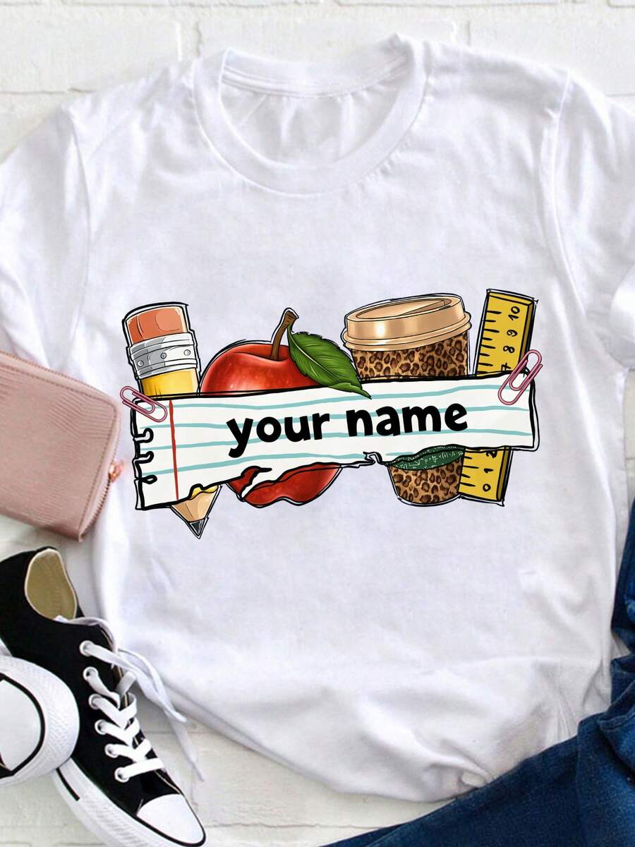 Women's Casual Long Sleeve Sports T-Shirt With Colorful Cartoon Design - Elastic Round Neck T-Shirt With Apple And Pencil, Machine Washable, Comfortable Fit And Suitable For All Seasons. - 白色 - 查看 1