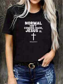 Cross Design T-Shirt "Normal Will Not Return, Jesus Will Descend" In Double Black - Casual Summer Style, Elegant Round Neck, Short Sleeve Design, Lightweight Fabric, Summer Clothes For Daily Wear | Stylish T-Shirt | Unisex Lightweight T-Shirt, Suitable For Casual Daily Outings, Short Sleeve Summer T-Shirt, Y2K Retro Print T-Shirt. - 黑色 - 查看 6