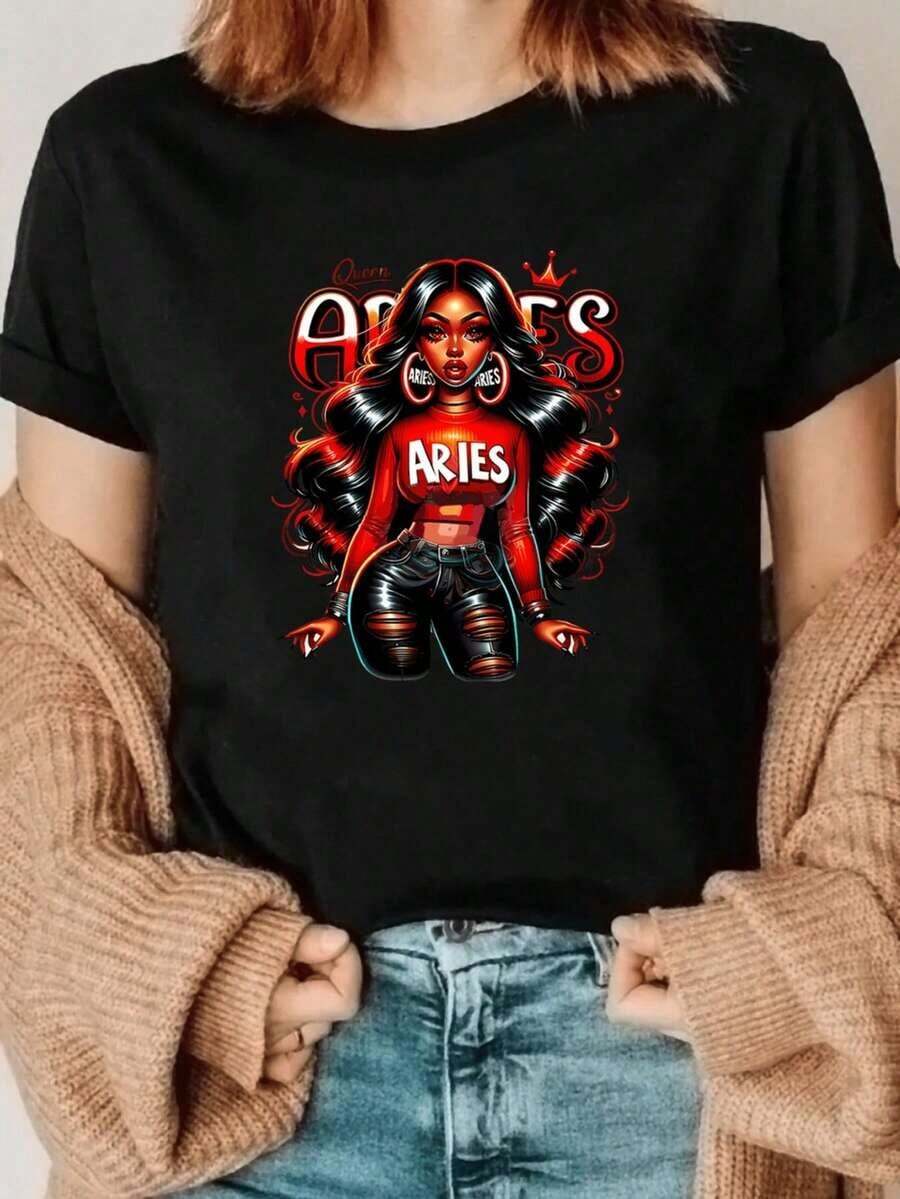 Womens Ayliva Portrait Graphic Pop Star Tee - Bold Streetwear Style Black T-Shirt With White Lettering Machine Washable - 黑色 - 查看 1