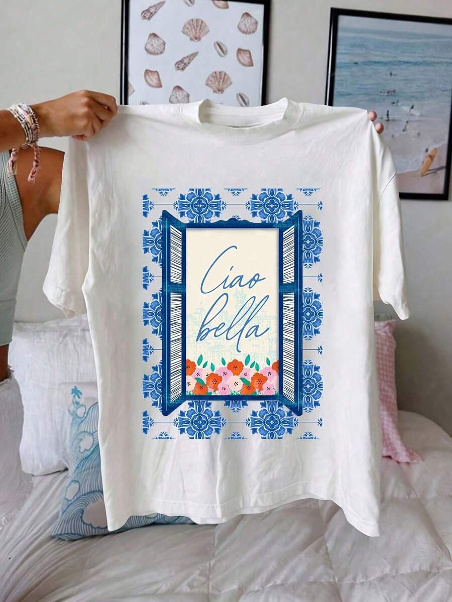 | Exquisite Design | Loose And Comfortable | Easy To Match | Women's Summer T-Shirt, Round Neck And Short Sleeve, Suitable For Vacation And Beach Wear, Ciao Bella Artistic Design T-Shirt. - White - View 1