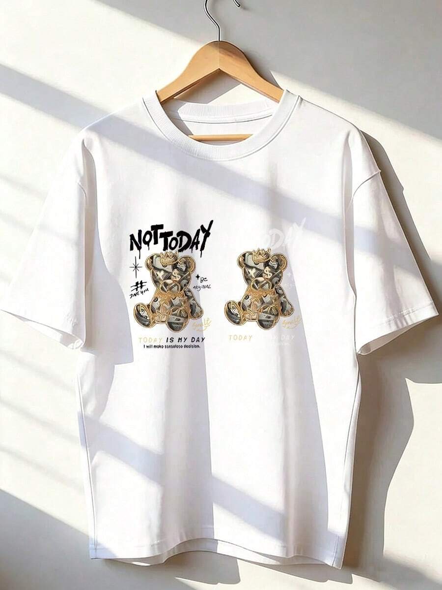 Money Bear T-Shirt With "NOT TODAY" Text, Fashionable Short-Sleeved T-Shirt For Spring And Summer 2026, Made In Mexico, 180 Grams. Cartoon Print, Couple Design, Suitable For Indoor Or Outdoor Wear. Crew Neck, Unisex, Ideal For Office And Leisure. One-Pack. - WH-P631577SLNDXZGY579 - 查看 1