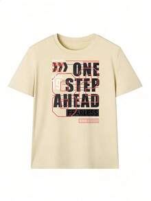 T-Shirt With "One Step Ahead" Text And Urban Graphic Design.  Short-Sleeved T-Shirt For Spring And Summer 2026, Made In Mexico, 180 Grams. Cartoon Print, Couple Design, Suitable For Indoor Or Outdoor Wear. Crew Neck, Unisex, Ideal For The Office And Leisure. One-Pack. - APR-P631577SLNDXZGY618 - 查看 2