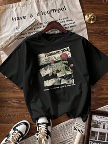T-Shirt With Rose And Retro Newspaper Design, Fashionable Short-Sleeved T-Shirt For Spring And Summer 2026, Made In Mexico, 180 Grams. Cartoon Print, Couple Design, Suitable For Indoor Or Outdoor Wear. Crew Neck, Unisex, Ideal For Office And Leisure. One-Pack. - BK-P631577SLNDXZGY581 - 查看 4