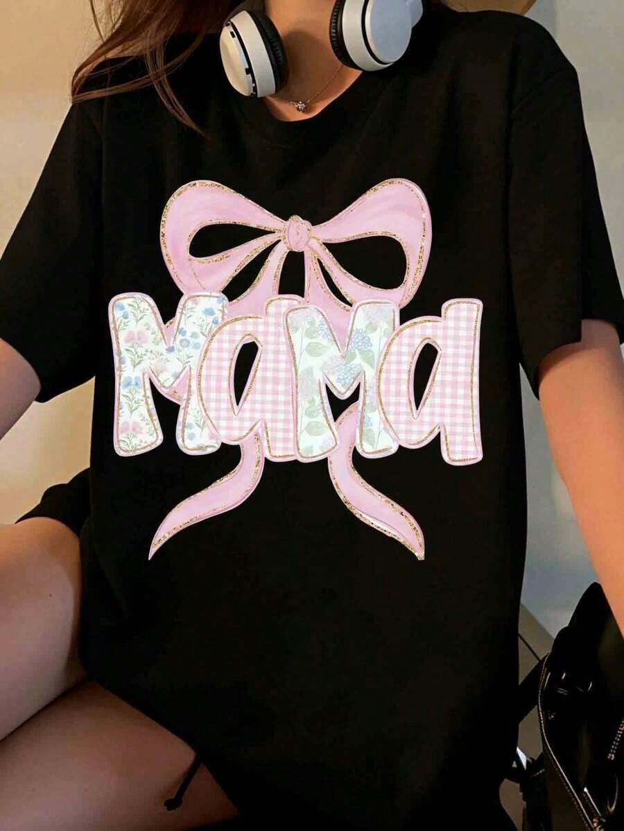 Women's White T-Shirt With "Mama" Bow Print, Floral And Plaid Design With Pink Bow Graphic, Soft Cotton Top For Casual Wear [Suitable For Leisure And Sports Activities] - 黑色 - 查看 1
