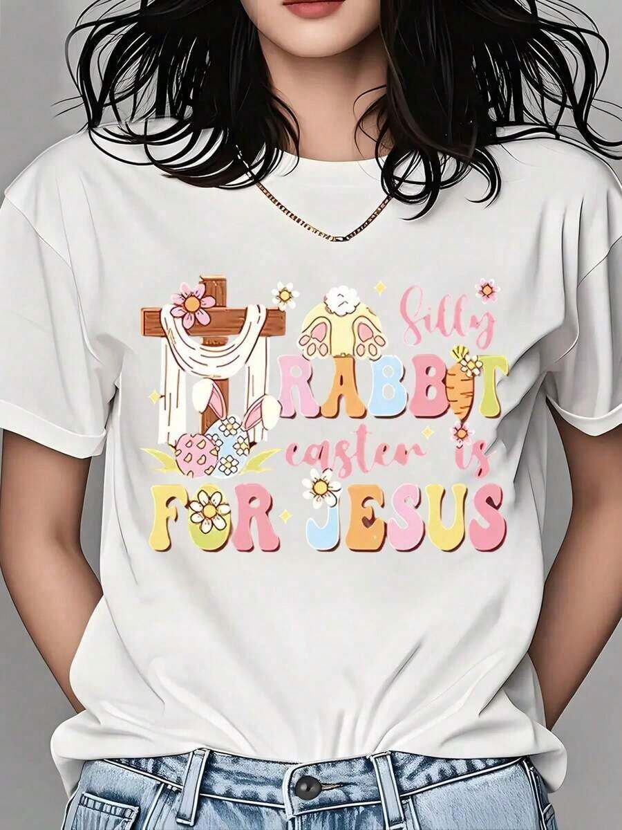 Camiseta de Mujer - Camiseta de Pascua con Diseño de Conejo Divertido y Cruz para Mujeres y Niñas - Regalo de Primavera - Blanco - Ver 1
