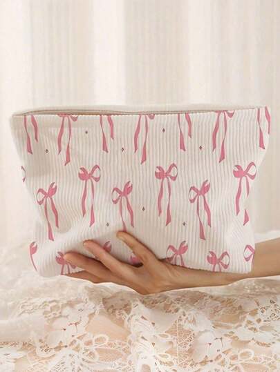 Bolsa de Maquiagem de Veludo Cotelê com Laço Rosa - Organizador de Maquiagem de Viagem Leve com Zíper e Bolsa de Higiene Pessoal. Perfeito como Presente de Férias para Meninas, Ideal para Volta às Aulas ou Temporada de Formatura; Ótimo para Armazenar Cosméticos, Itens Essenciais de Viagem e Artigos de Higiene Pessoal.