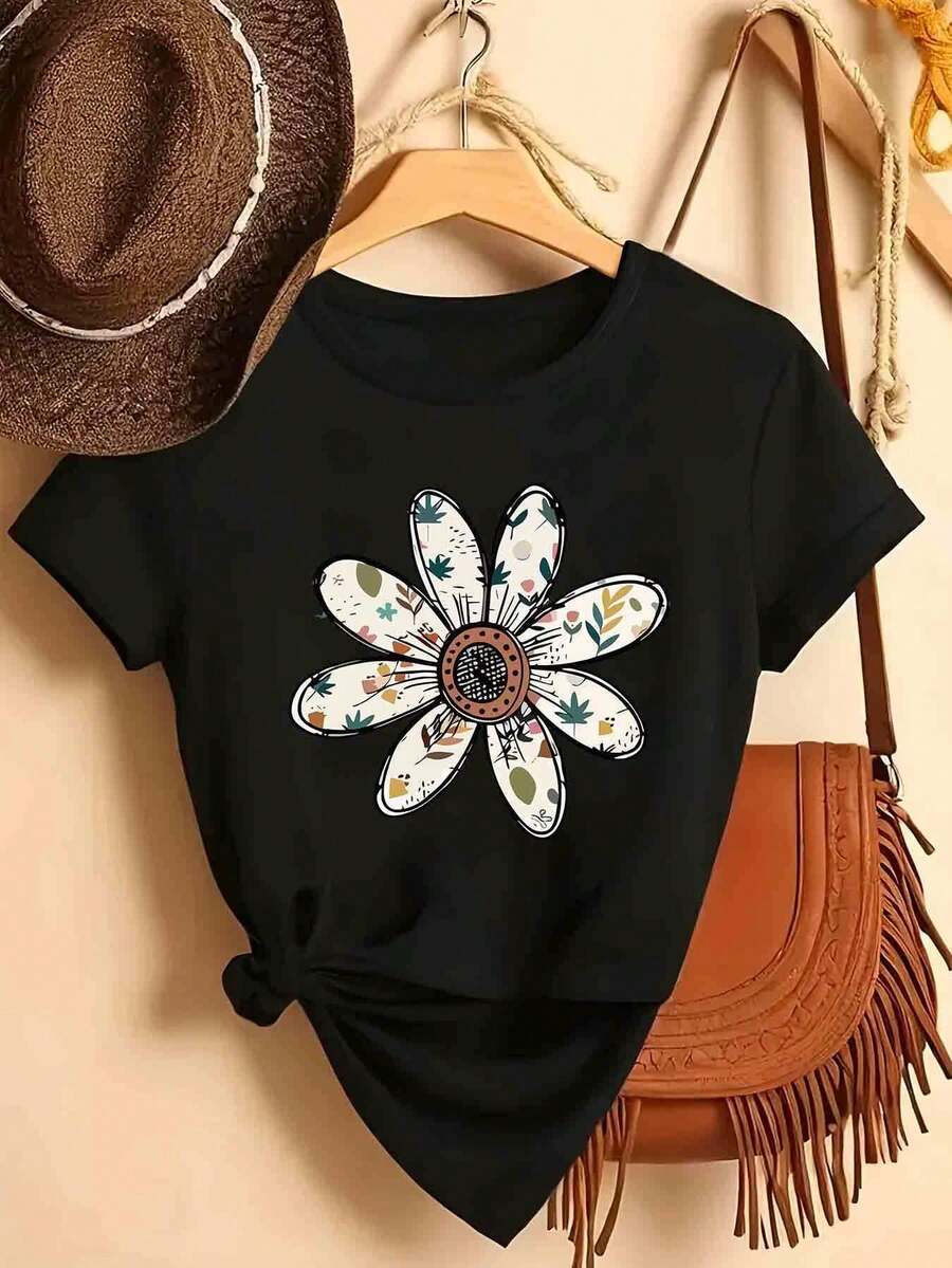 Limited Time Offer, Limited Quantities, Flash ! Women's Casual Shirts, Women's Polyester T-Shirts, Elegant Shirts. Fashionable Women's T-Shirt, 1 Piece, Round Neck, Short Sleeve, Polyester, Casual Style Series, For All Seasons, With Creative Floral And Painted Letter Print. - 黑色 - 查看 1