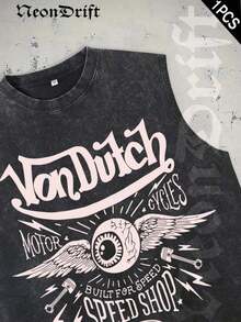 Unisex Summer Tops,NeonDrift Men's Tank Top 100% Cotton Heavyweight Vintage Distressed Washed Sleeveless T-Shirt, 100% Cotton, Soft & Skin-Friendly, Streetwear Style-Van Dutch Motor Cycles Speed Shop Sleeveless Tee Vintage Graphic Design For Men Classic Americana Style Streetwear Biker Culture Fashion Casual Wear Motorcycle Enthusiast GiftLoose And Comfortable Washed Vintage T-Shirt - 灰色 - 查看 7