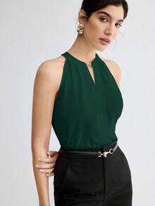 Camiseta de tirantes elegante con cuello de ojo de cerradura de unicolor, versátil para ir al trabajo, uso diario, retro romántico de los 90, adecuada para Navidad, Año Nuevo, San Valentín, fiesta, playa, graduación, moda, carnaval, vacaciones, in - Verde Oscuro - Ver 4