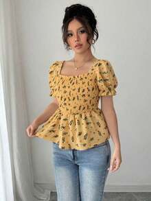 Blusa elegante de mujer con estampado floral diminuto y ajuste ceñido - Amarillo - Ver 3