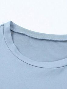 Camiseta de mujer de manga corta con cuello redondo, estampado floral y de uso versátil - Celeste - Ver 4