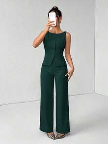 PETITE Conjunto de chaleco y pantalones de un solo pecho de unicolor con cuello redondo, elegante traje de oficina para mujer, ropa de mujer de verano y otoño, conjunto de oficina, ropa casual de negocios, conjunto de dos piezas, ropa de oficina de otoño para mujer, conjunto de blazers para mujer - Verde Oscuro - Ver 5