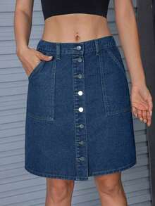 Minifalda de tubo de mezcla de algodón para mujer, de unicolor, con bolsillo, adecuada para todas las estaciones y uso casual en verano - Azul lavado oscuro - Ver 5