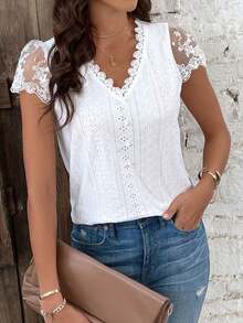 Camiseta De Verano Para Mujer Con Mangas Cortas Y Encaje Y Textura De Tela - Blanco - Ver 6