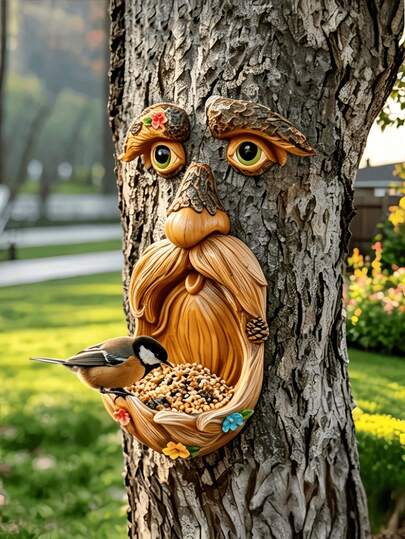 Emotion Lab Tree Face Decor - Outdoor Bird Feeder - Elderly Face Decor With Flowers - Tree Hugger Garden Tool - Yard Art Sculpture