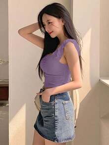 Blusa de manga larga con cuello de corazón y drapeado, ropa de otoño - Morado - Ver 3