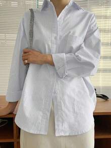 Camisa de manga larga con bolsillo y hombros caídos a rayas verticales, ropa de otoño - Gris Claro - Ver 4