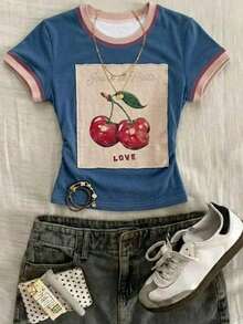 Blusa corta con estampado de corazón, cintura fruncida y ajuste casual para mujer.Versátil y adecuada para el verano, vuelta al colegio, uso diario y vacaciones - Multicolor - Ver 1
