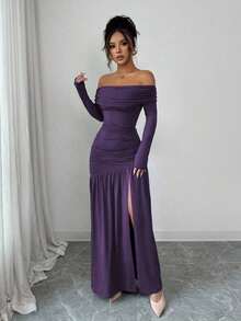 Vestido de punto ajustado de manga larga con hombros descubiertos, elegante y vintage, adecuado para otoño/invierno, Halloween - Morado - Ver 4