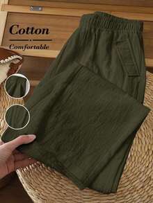 Pantalones casuales de mujer de unicolor y bolsillos minimalistas - Verde militar - Ver 10