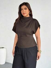 Blusa ajustada con cuello fruncido, manga asimétrica y cintura fruncida con estampado de lunares marrones.Adecuada para ir a trabajar, estilo vintage, elegante, para usar en las cuatro estaciones y para vacaciones en la Riviera Francesa - Marrón 2 - Ver 3