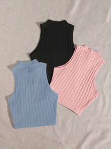 Top de tanque casual sólido de cuello redondo acanalado para el verano - Multicolor 8 - Ver 2
