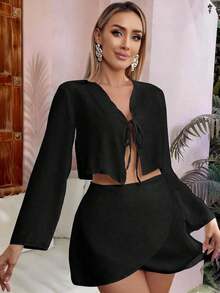 Conjunto de 2 piezas para mujer de falda y chal tipo cubrecuerpos con diseño cruzado para verano y playa - Negro - Ver 4