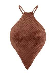 Blusa de punto de mujer de verano con cuello halter, dobladillo asimétrico y unicolor - Café integral - Ver 5