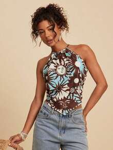 Top de tirantes tejido con estampado de vacaciones para mujer - Multicolor - Ver 2
