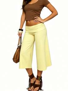 Women Yoga Capri Pants Wide Leg Cropped Pants With Fold Over Waistband For Fitness Workout Light Grey Lounge Pants For Women Elastic Waist 3/4 Length Pants Casual Culottes Trousers For Daily Wear - 淺黃 - 查看 5