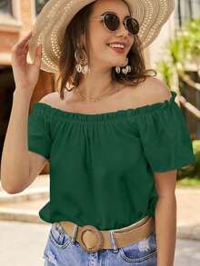 VCAY Blusa de hombros descubiertos ribete fruncido - Verde Oscuro - Ver 7