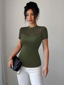Camiseta de mujer de manga corta con cuello redondo, color liso, efecto transparente y parches, versátil para el verano de 2025 - Verde militar - Ver 7
