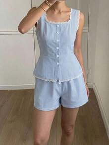 Conjunto de 2 piezas de top de tirantes finos a rayas y pantalones casuales de verano para mujer, conjunto de prendas de estar en casa - Azul marino 5 - Ver 2