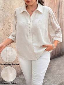 Blusa casual de mujer talla grande de unicolor, cuello en V, manga 3/4, decoración con botones, de tela de chifón jacquard - Albaricoque - Ver 1