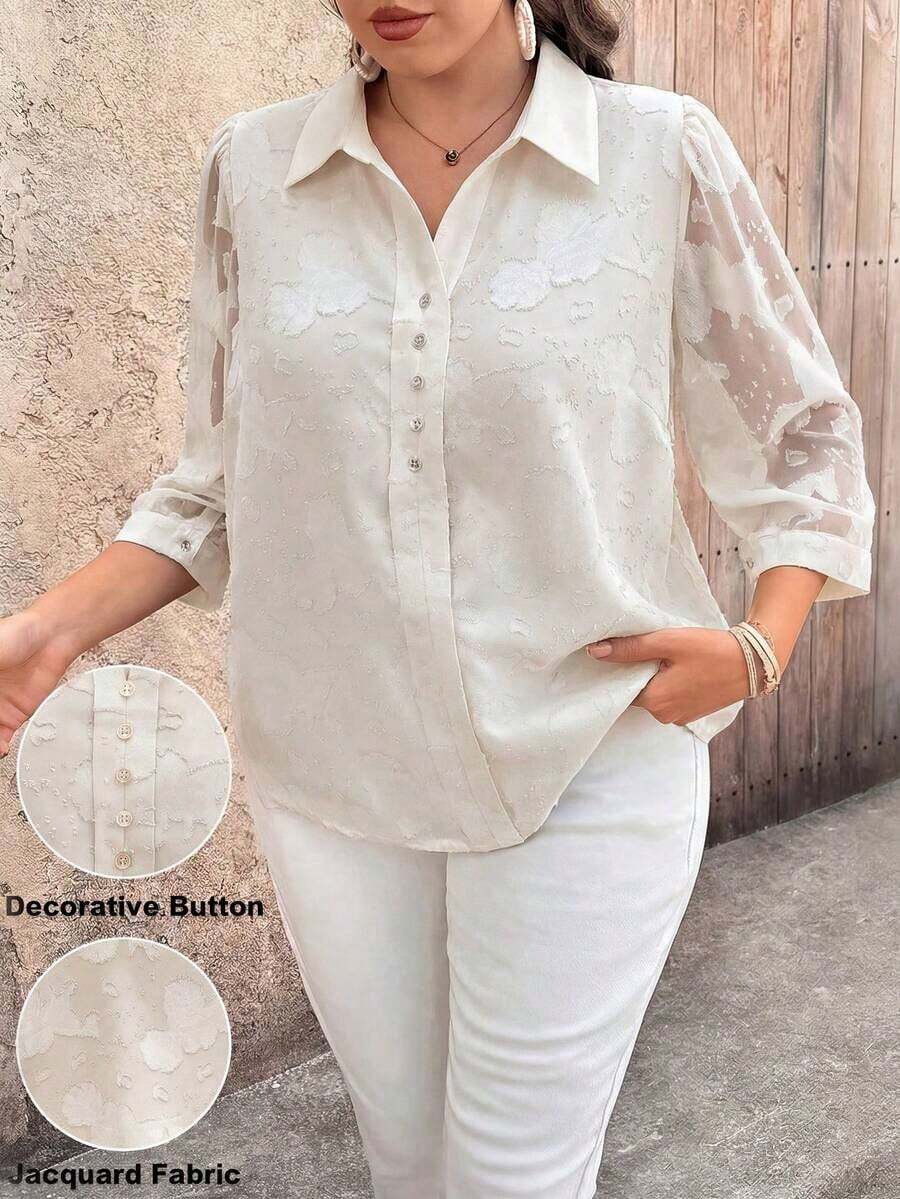 Blusa casual de mujer talla grande de unicolor, cuello en V, manga 3/4, decoración con botones, de tela de chifón jacquard - Albaricoque - Ver 1