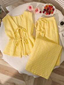 Pantalones rectos versátiles con cordones y estampado de rayas rosa, nuevo conjunto de 2 piezas de verano estilo europeo y americano para mujer - Amarillo 2 - Ver 8