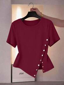 Camiseta de manga corta de talla grande para mujer, de unicolor, con dobladillo asimétrico, para uso diario y casual - Burdeos - Ver 6