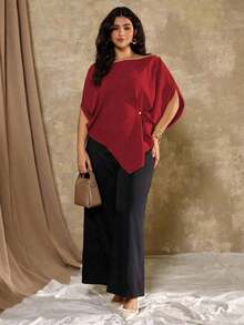 Blusa asimétrica de manga corta y hombros casuales franceses para mujer de talla grande - Rojo - Ver 4